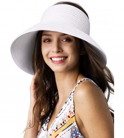 Sun Hats Womens Wide Brim Summer Beach Straw Hat Foldable Roll Up Sun Visor Hats for Women - White - C018RH8T38Z $18.25