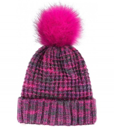 Skullies & Beanies Women's Ultra-Soft Faux Fur Pompom Multicolor Knit Winter Beanie - Mix Rose With Sherpalining - CR188U9NLM...