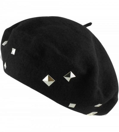 Berets Women's Wool Square Studs Studded Beret Warm Winter Hat - Black - C511P9JVS6J $9.37