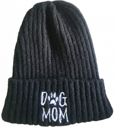 Skullies & Beanies Women's Cute Dog Mom Beanie Hat Winter Knit Cap Pets Lovers Gift Black - CN18XS0HHEH $19.19