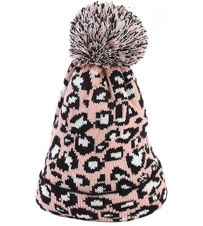 Skullies & Beanies Womens Winter Hats Unisex Leopard Print Cuffed Beanie Soft Warm Slouchy Cap with Fur Pom Hat - Coffee - CZ...
