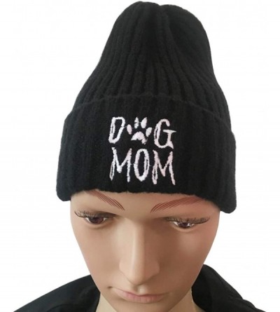 Skullies & Beanies Women's Cute Dog Mom Beanie Hat Winter Knit Cap Pets Lovers Gift Black - CN18XS0HHEH $9.99