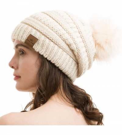 Skullies & Beanies Womens Fleece Lined Slouchy Beanie Chunky Baggy Hat Fur Pompom Winter Soft Warm Cap - Beige - CK18LAE6ZCQ ...