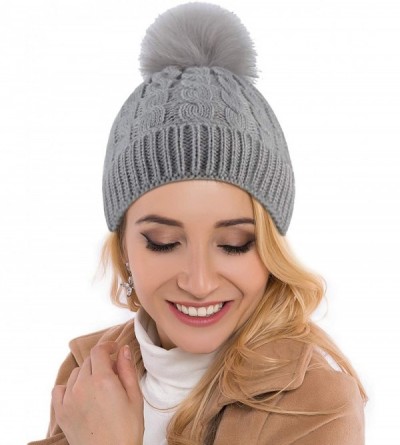 Skullies & Beanies Women's Winter Beanie Warm Fleece Lining - Thick Slouchy Cable Knit Skull Hat Ski Cap - Fluff-grey - C218L...