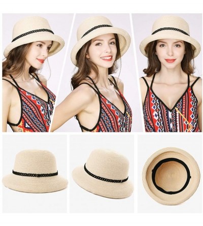 Sun Hats Womens Wide Roll Up Brim Packable Straw Sun Cloche Hat Fedora Summer Beach 55-58cm - Beige_00010 - CI18CNLRWG0 $16.06