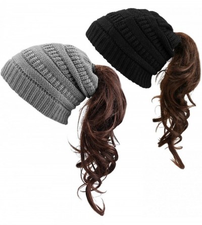 Skullies & Beanies Winter Warm Knit Ponytail Hat Beanie Tail Cap for Runner Women Youth Girl - Black & Grey - C418A6SZSD2 $26.69