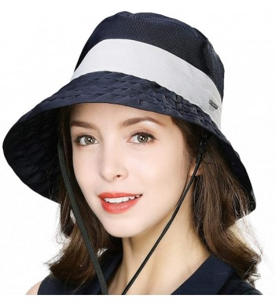 Bucket Hats Womens UPF50+ Summer Sunhat Bucket Packable Wide Brim Hats w/Chin Cord - 00046_navy Blue - C318U2ZNN5N $30.77