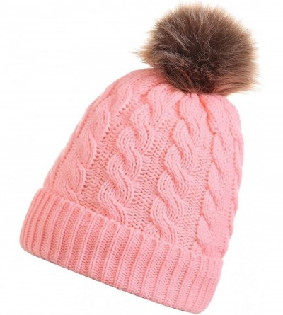 Skullies & Beanies Women's Winter Ribbed Knit Faux Fur Pompoms Chunky Lined Beanie Hats - Peach Pink - CW186QNXNZ9 $11.03