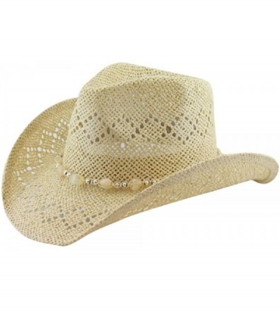 Cowboy Hats Straw Cowboy Hat for Women with Beaded Trim and Shapeable Brim - Light Natural - CJ11LUH41DB $16.98