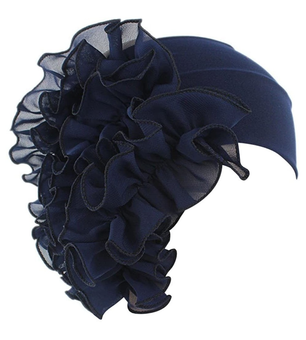 Bomber Hats Womens Wrap Cap Flower Chemo Hat Beanie Scarf Turban Headband - Navy - CS18INZ254U $8.90