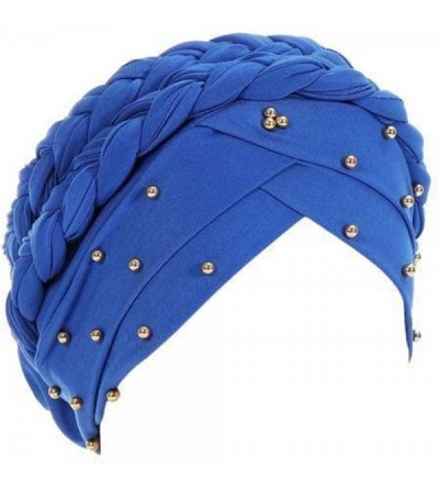 Skullies & Beanies Stay Beautiful Studded Chemo Hair Loss Cap Cancer Head Wrap Turban with Braided Lace for Women - Blue - C2...