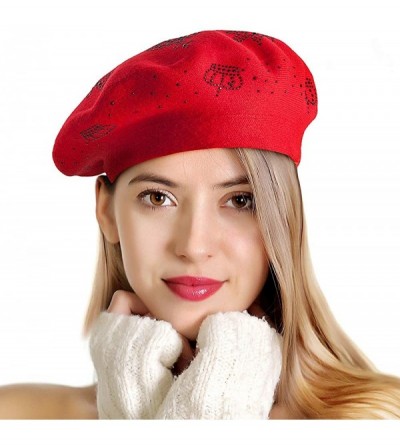 Berets Beret Hats for Women Rhinestones 2 Layers Wool French Hat Lady Winter Black Red - Red-black Rhinestones - CK18XSQ24DE ...