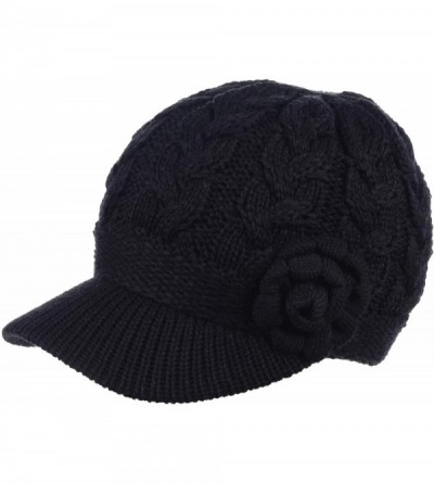 Skullies & Beanies Women's Winter Fleece Lined Elegant Flower Cable Knit Newsboy Cabbie Hat - Black Cable Flower - CD18IILD37...