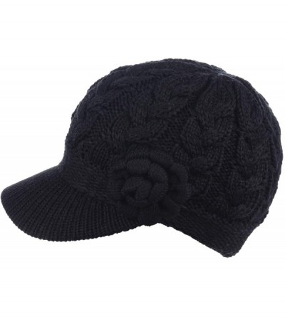 Skullies & Beanies Women's Winter Fleece Lined Elegant Flower Cable Knit Newsboy Cabbie Hat - Black Cable Flower - CD18IILD37...