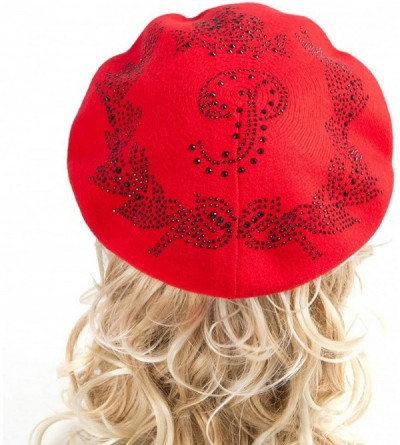 Berets Beret Hats for Women Rhinestones 2 Layers Wool French Hat Lady Winter Black Red - Red-black Rhinestones - CK18XSQ24DE ...