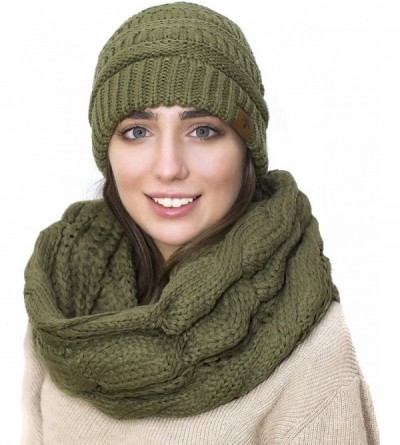 Skullies & Beanies Hat and Scarf Set Slouchy Cable Knit Beanie Winter Cap with Matching Infinity Scarf for Women - Green - CA...
