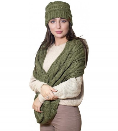 Skullies & Beanies Hat and Scarf Set Slouchy Cable Knit Beanie Winter Cap with Matching Infinity Scarf for Women - Green - CA...
