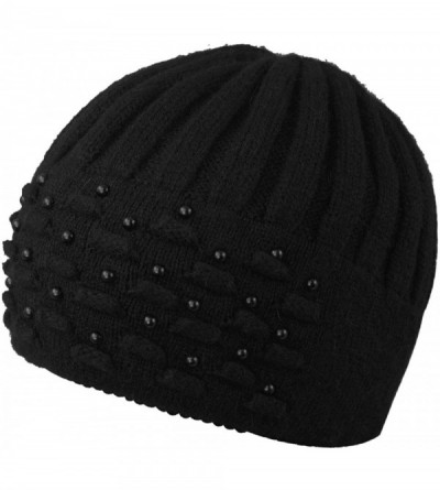 Skullies & Beanies Women's Angora Blend Beanie Hat - Dual Layer Pearl Accent Edge - Black - CI12N1M0EU9 $57.14