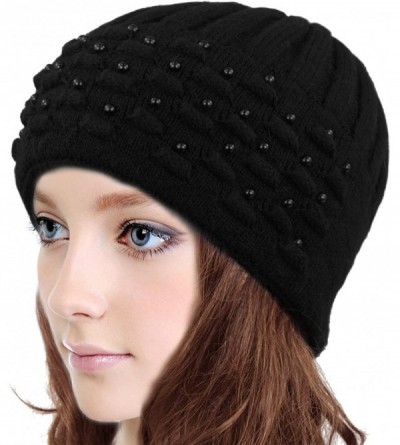 Skullies & Beanies Women's Angora Blend Beanie Hat - Dual Layer Pearl Accent Edge - Black - CI12N1M0EU9 $25.40