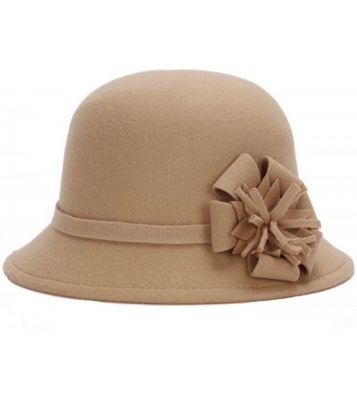 Bucket Hats Women Warm Wool Felt Church Cloche Cap Bucket Hat Bowler Hats with Flower Band - Camel - CY189Y79HAW $18.26