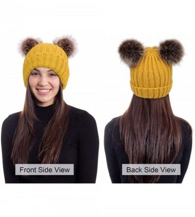 Skullies & Beanies Cable Knit Beanie with Faux Fur Pompom Ears - Yellow - CP18L75YHC7 $18.26