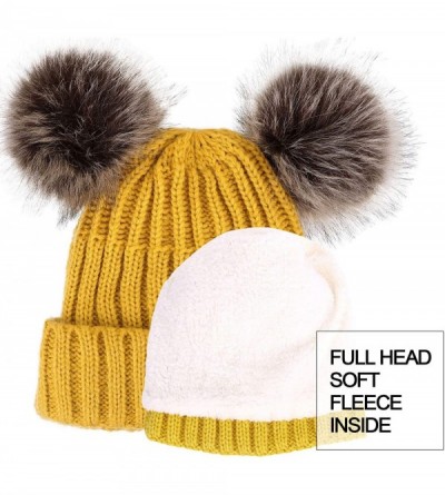 Skullies & Beanies Cable Knit Beanie with Faux Fur Pompom Ears - Yellow - CP18L75YHC7 $18.26