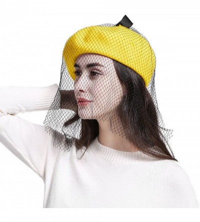 Berets Women's Franch Inspired Wool Felt Beret Hat with Veil Cocktail Hat - Bow-yellow - C11888MMAZX $30.40