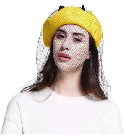 Berets Women's Franch Inspired Wool Felt Beret Hat with Veil Cocktail Hat - Bow-yellow - C11888MMAZX $25.67