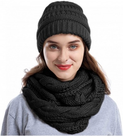 Skullies & Beanies Knit Infinity Scarf Slouchy Beanie Hat Set Women Winter Warm Circle Loop Scarfs - Black - CE18UHHA8QR $16.02