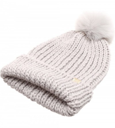 Skullies & Beanies Women's Winter Solid Ribbed Knitted Beanie Hat with Faux Fur Pom Pom - Light Grey - CL185UTL4RM $9.99