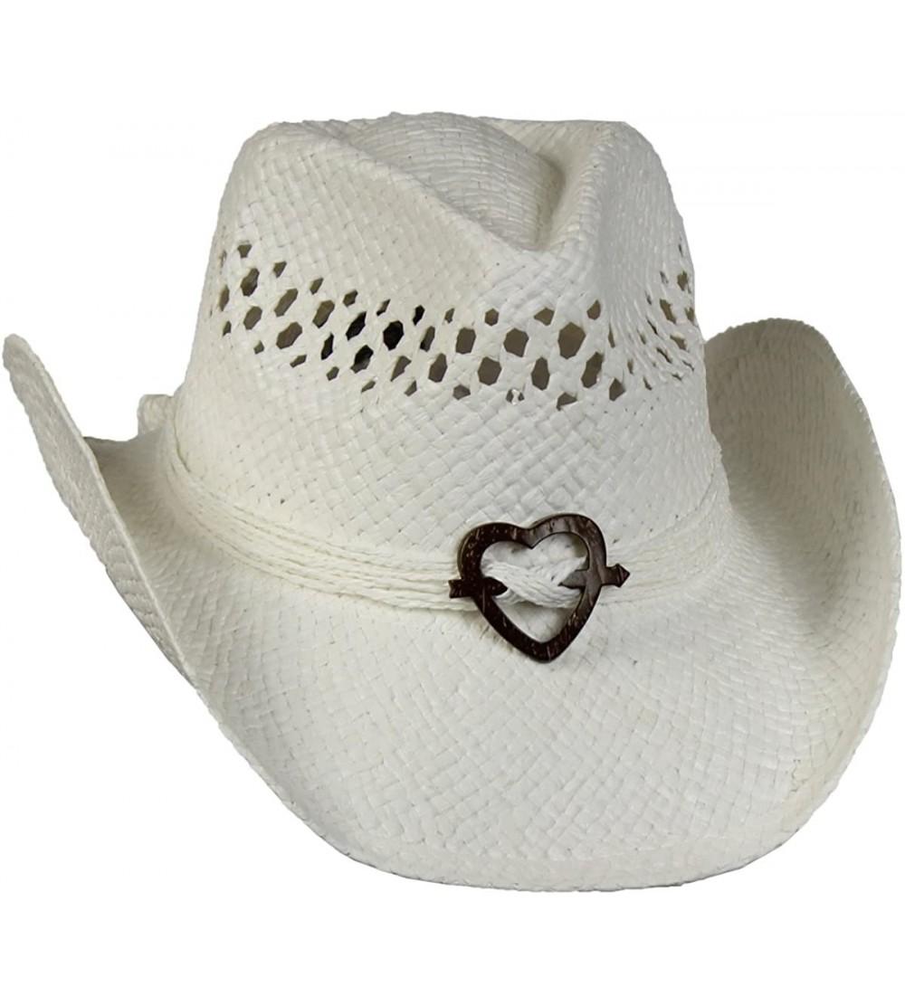 Cowboy Hats Vented Straw Cowboy Hat w/Wood Heart Band -Shapeable Cowgirl Western - White - CH18C0QIQ9N $18.77