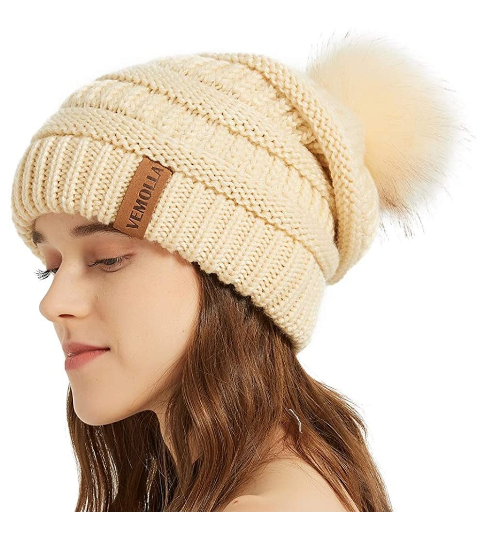 Skullies & Beanies Womens Winter Knit Slouchy Beanie Chunky Hats Bobble Hat Ski Cap with Faux Fur Pompom - Beige - C218ILDONN...