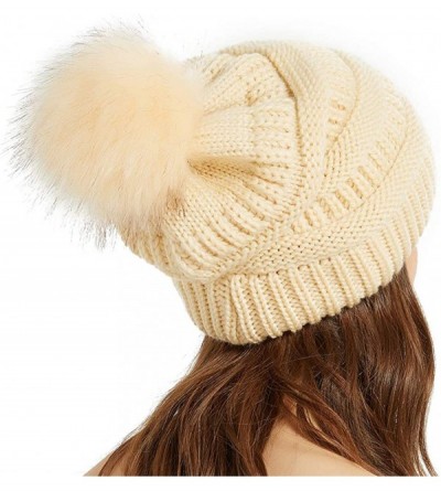Skullies & Beanies Womens Winter Knit Slouchy Beanie Chunky Hats Bobble Hat Ski Cap with Faux Fur Pompom - Beige - C218ILDONN...