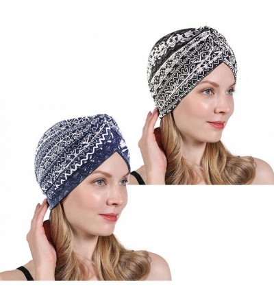 Skullies & Beanies New Women's Cotton Turban Flower Prints Beanie Head Wrap Chemo Cap Hair Loss Hat Sleep Cap - Black+navy - ...