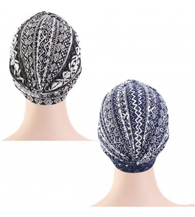 Skullies & Beanies New Women's Cotton Turban Flower Prints Beanie Head Wrap Chemo Cap Hair Loss Hat Sleep Cap - Black+navy - ...