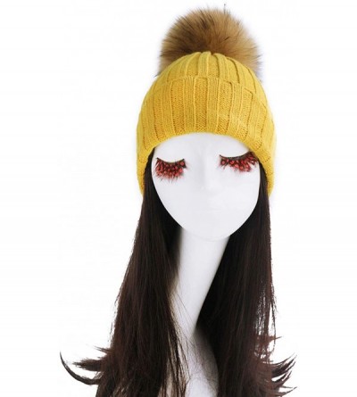 Skullies & Beanies Women Cable Knit Beanie Raccoon Fur Fuzzy Pompom Chunky Winter Stretch Skull Cap Cuff Hat - 31dark Yellow ...