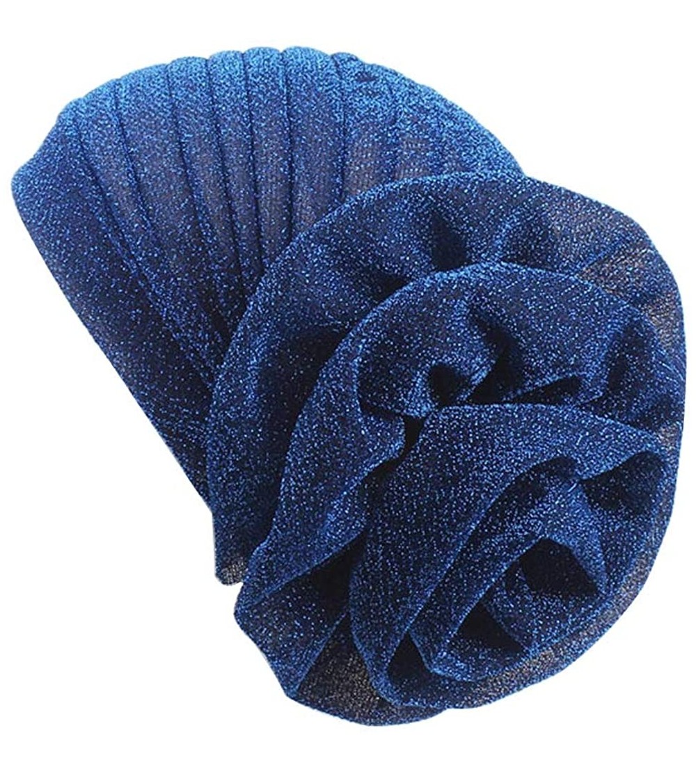 Skullies & Beanies Luxury Stretchable Glitter Turbans Flower Chemo Beanie Headwear Hat Caps Hair Loss Turban for Women - Navy...