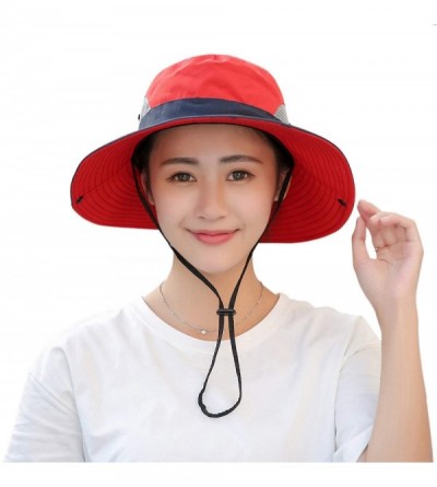 Sun Hats Women's Outdoor Sun Protection Wide Brim Mesh Fishing Hat Bucket Hat with Ponytails - Red - CT18G2UNAEH $11.57