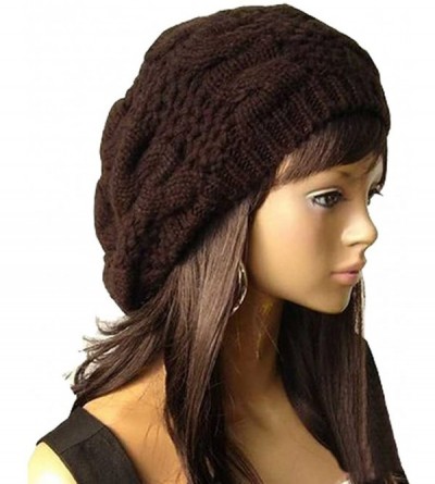 Skullies & Beanies Lady Winter Warm Baggy Beret Chunky Knitted Braided Beanie Hat - Coffee - CQ11OAWIN59 $9.73