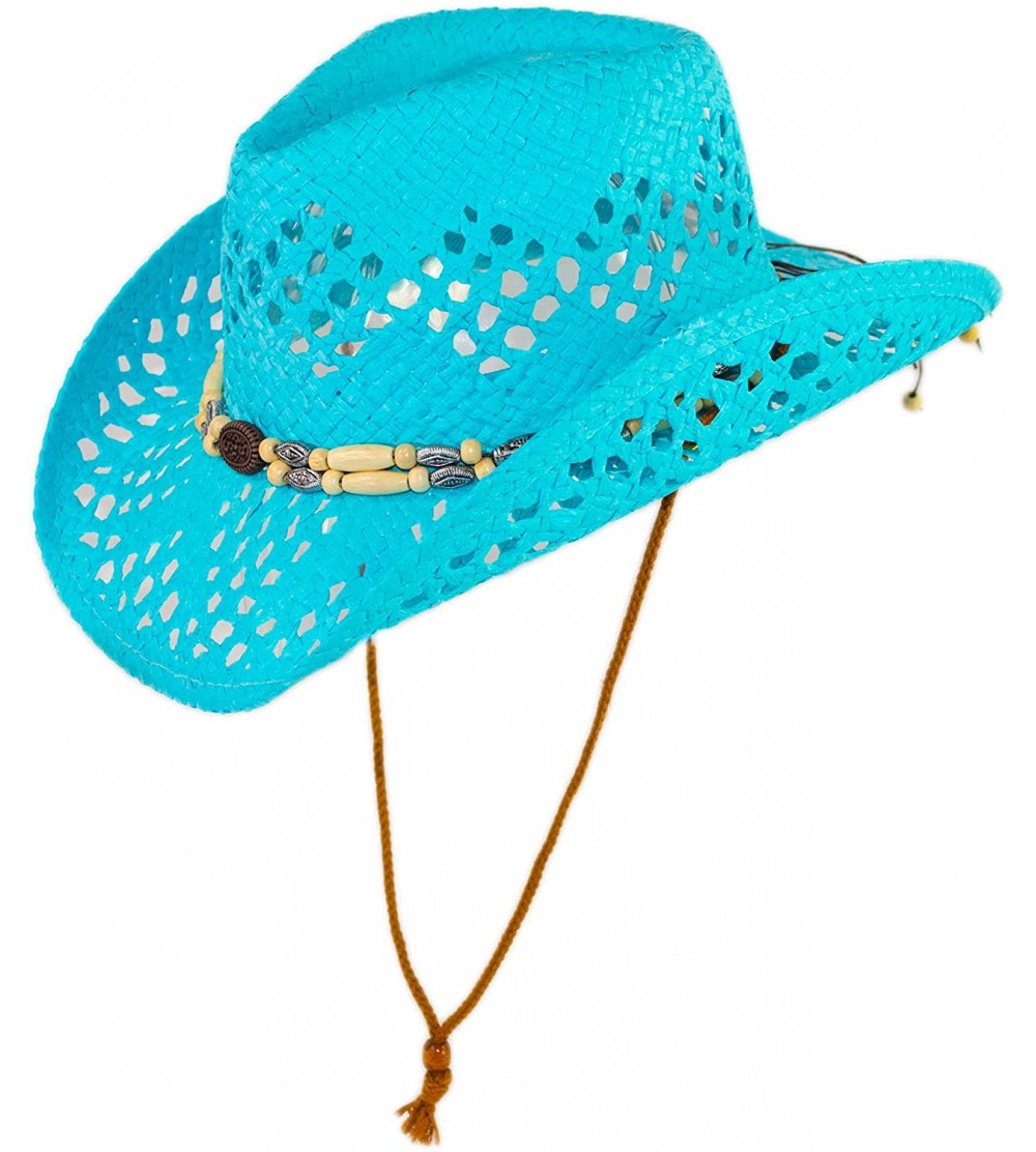 Cowboy Hats Cute Comfy Flex Fit Woven Beach Cowboy Hat- Western Cowgirl Hat with Wooden Beaded Hatband - Turquoise - CK18XOEA...
