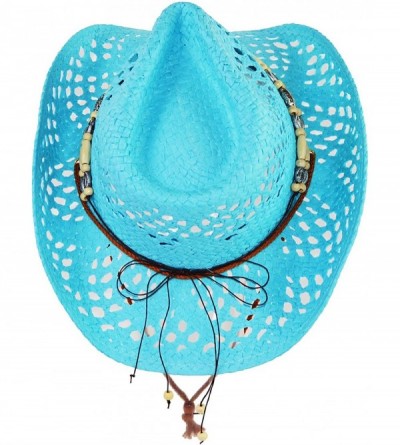 Cowboy Hats Cute Comfy Flex Fit Woven Beach Cowboy Hat- Western Cowgirl Hat with Wooden Beaded Hatband - Turquoise - CK18XOEA...