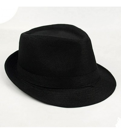 Fedoras Summer Linen Foldable Sun Panama Hat Fedoras Outdoor Travel Hats - Black - CA184HLGYTM $10.72
