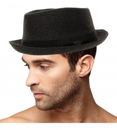 Fedoras Men's Winter 100% Wool Porkpie Derby Fedora Trilby Ribbon Solid Hat - Charcoal - CR1863UADHW $16.61