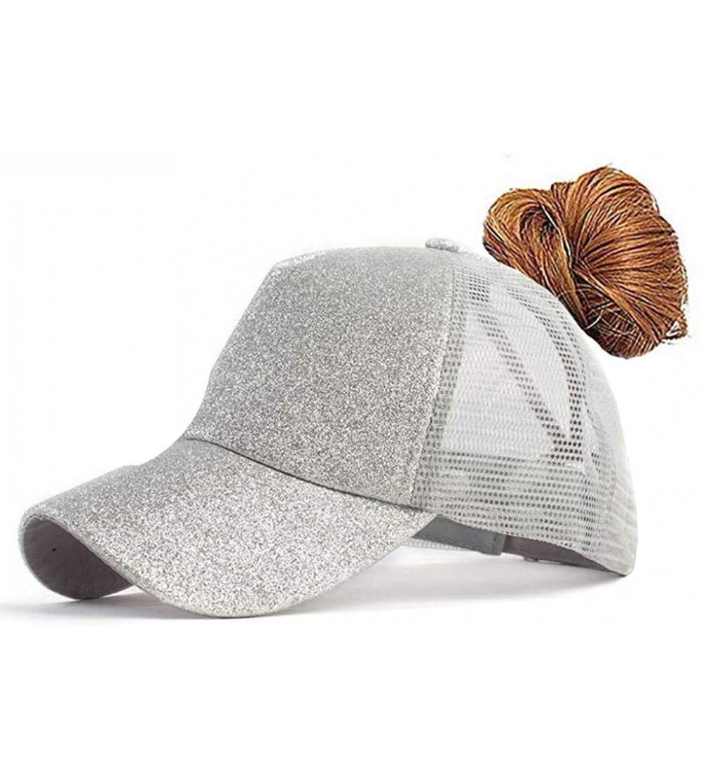 Baseball Caps Adjustable Ponytail Messy Buns Sequined Baseball Hat - Silver - CC18ORL46O9 $13.01
