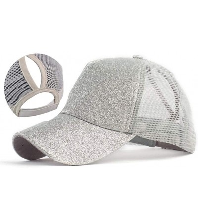 Baseball Caps Adjustable Ponytail Messy Buns Sequined Baseball Hat - Silver - CC18ORL46O9 $13.01