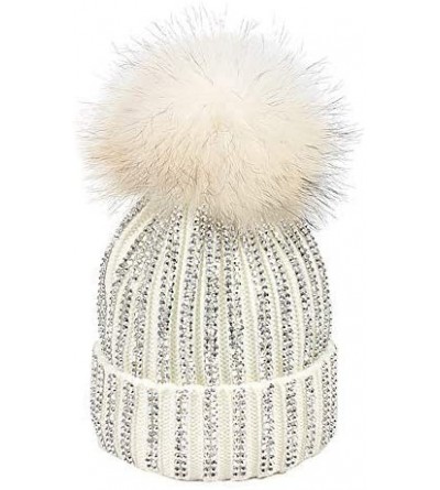 Skullies & Beanies Women Rhinestone Beanie Skull Hats Warm Knitting Hat Real Raccoon Fur Pompom Bobble Caps - White(white Bob...