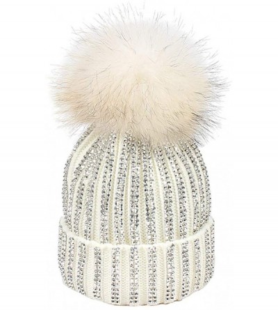 Skullies & Beanies Women Rhinestone Beanie Skull Hats Warm Knitting Hat Real Raccoon Fur Pompom Bobble Caps - White(white Bob...