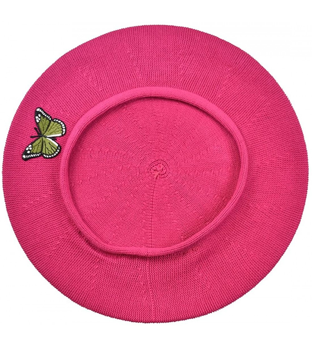 Berets Green Butterfly on Beret for Women 100% Cotton - Hot Pink - CF185O7WCGY $21.26