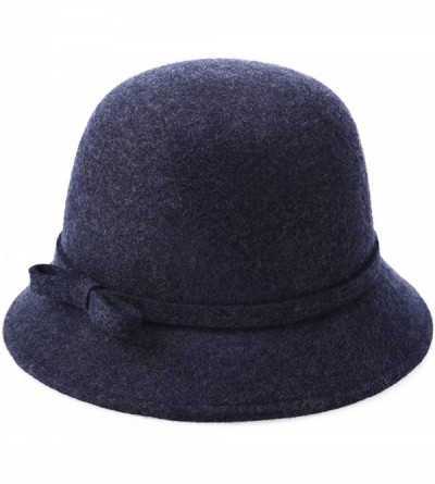 Bucket Hats 100% Wool Vintage Felt Cloche Bucket Bowler Hat Winter Women Church Hats - Navy51 - C918W947DYQ $21.89