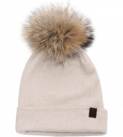 Skullies & Beanies Marino Slouchy Beanie Hat for Women - Cashmere Blend - Rabbit Fur Pompom - Off White - C018OWY0KD3 $15.39